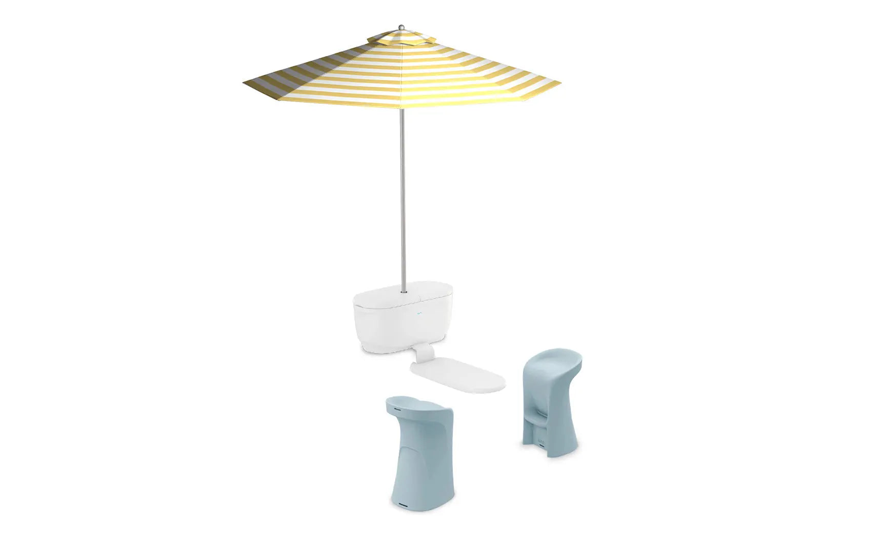 PartyPad swim-up bar with blue and white striped umbrella and drinks on ice.
