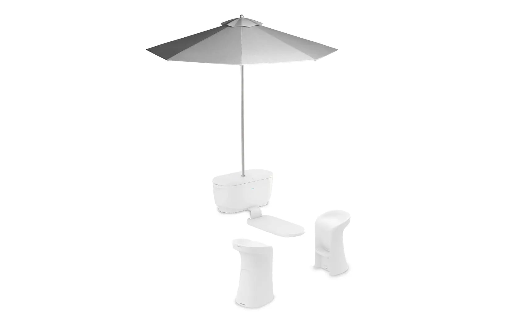 PartyPad swim-up bar with blue and white umbrella, red cooler, and drinks on ice.