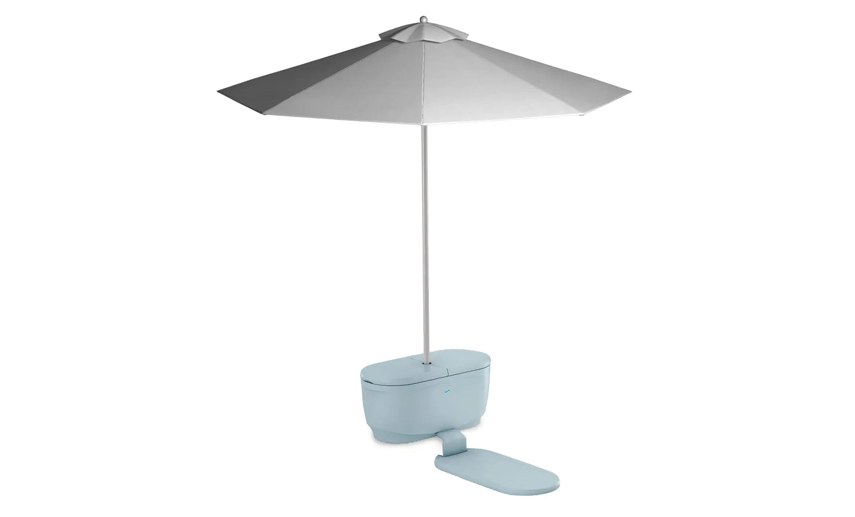PartyPad swim-up bar with blue and white umbrella, red cooler, and drinks on ice.