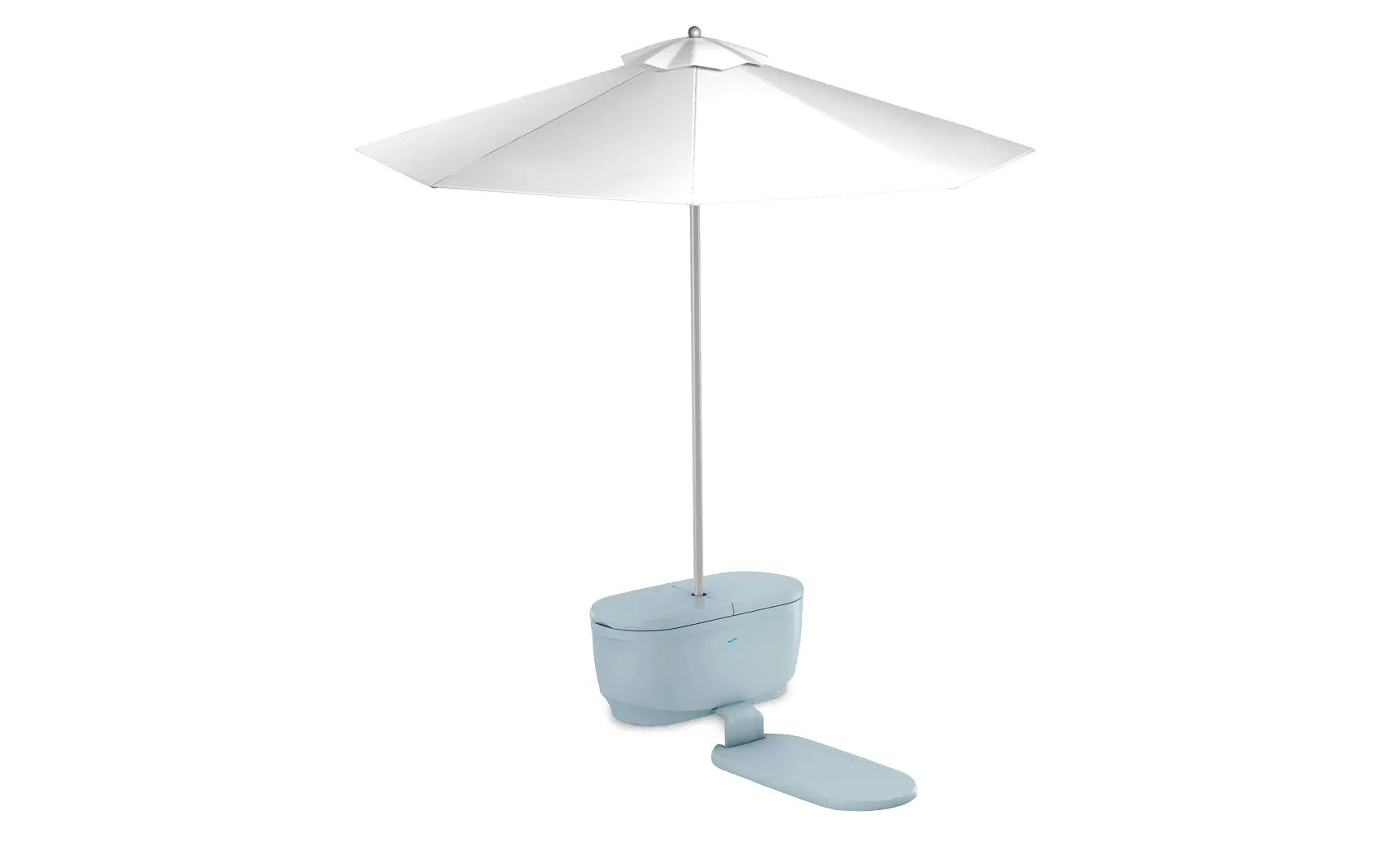 PartyPad swim-up bar with blue and white umbrella, red cooler, and drinks on ice.