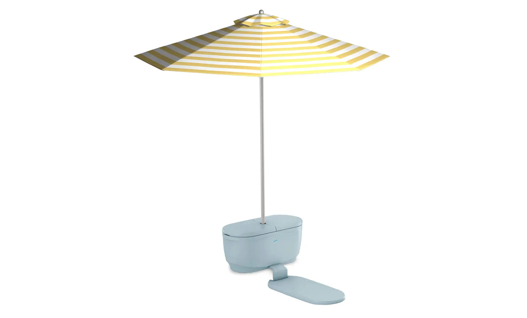 PartyPad swim-up bar with blue and white striped umbrella and drinks on ice.
