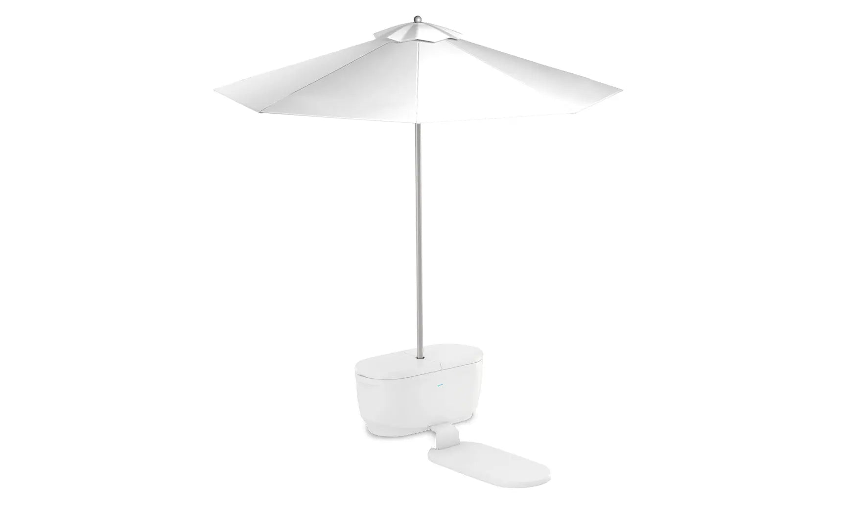 PartyPad swim-up bar with blue and white striped umbrella and drinks on ice.