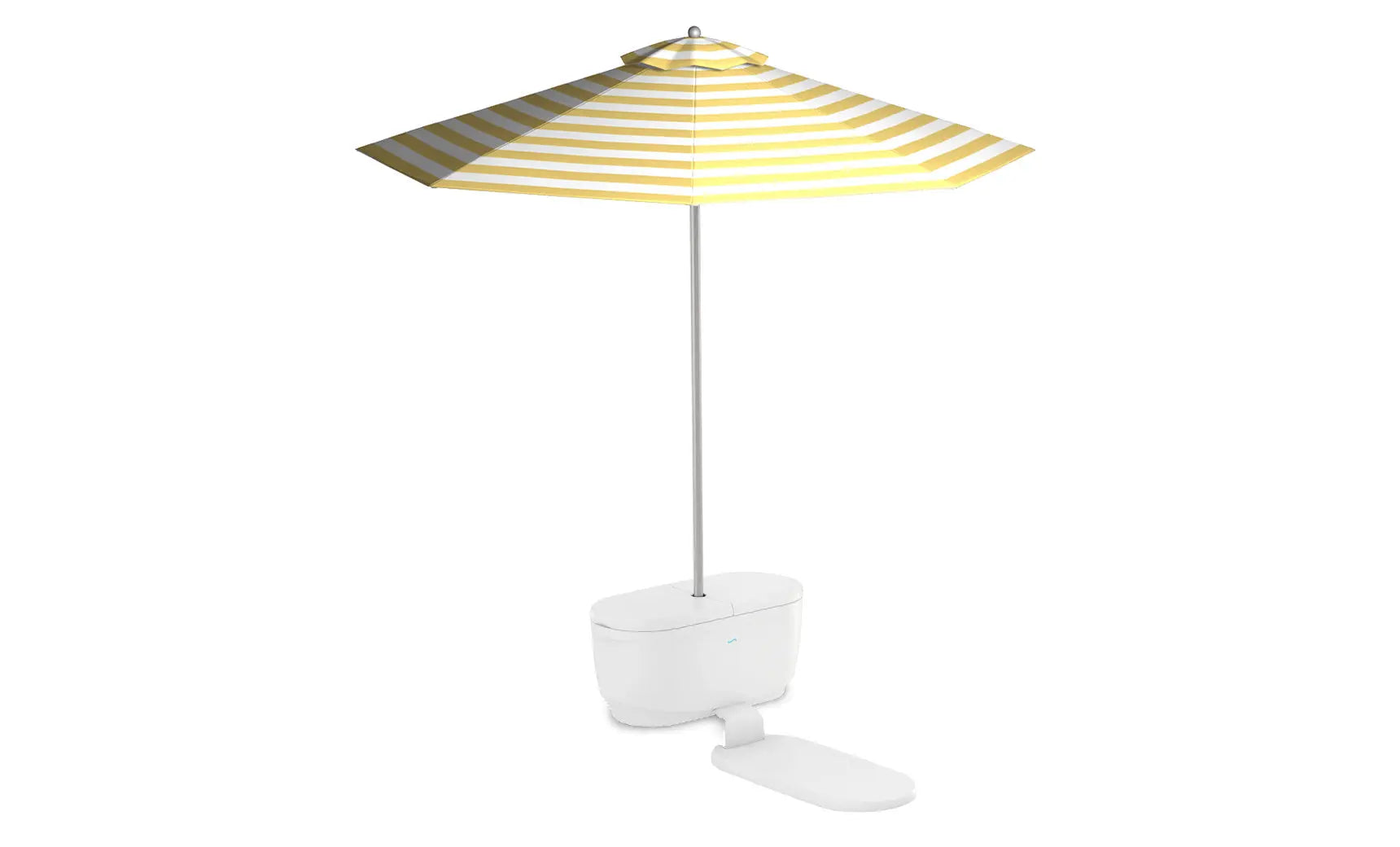 PartyPad swim-up bar with blue and white umbrella, ice bucket, and drinks on a pool deck.