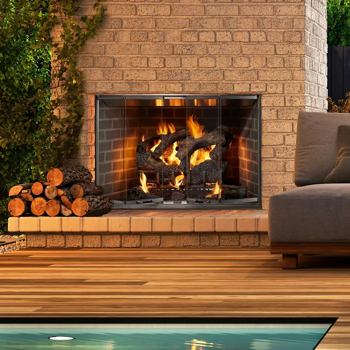 Majestic Cottagewood 36-inch outdoor wood burning fireplace with weathered wood finish and stone accents