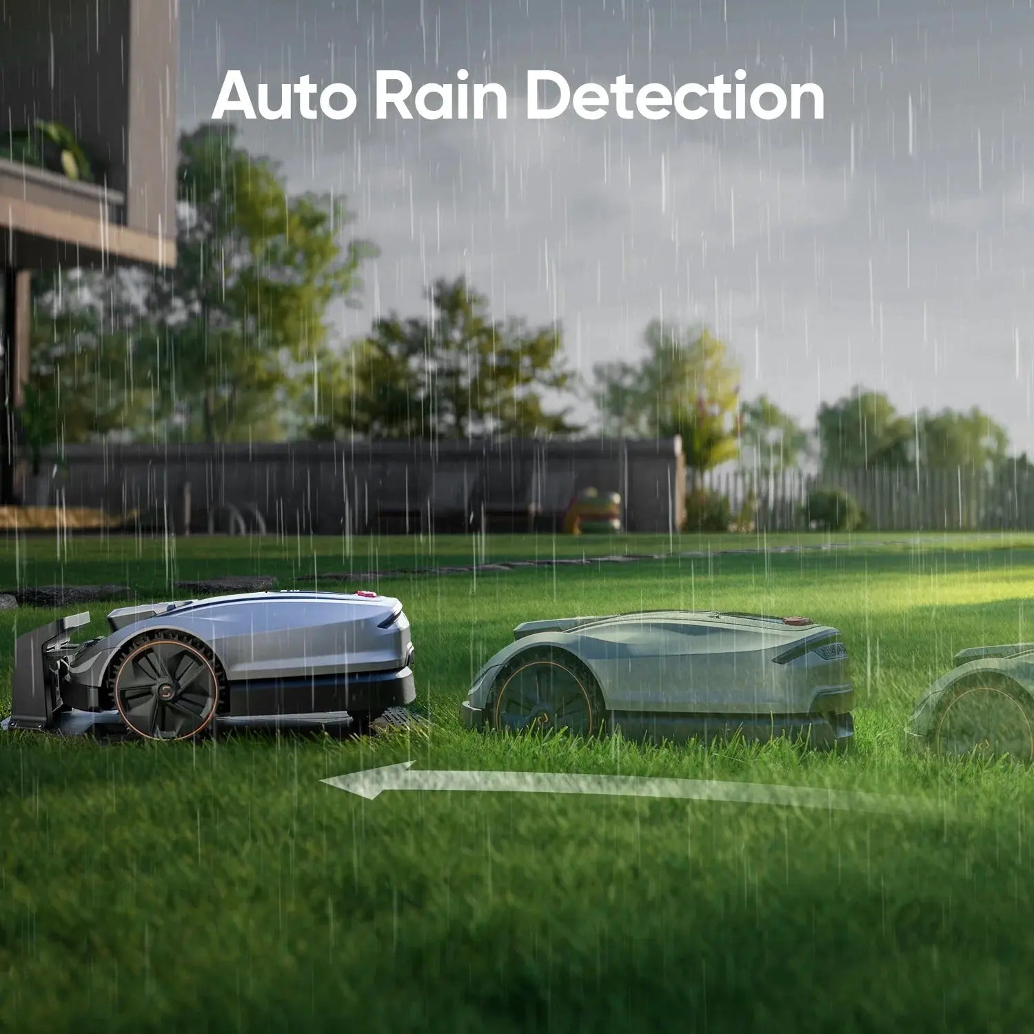 Robotic lawn mowers on a grassy lawn with rain detection feature text.