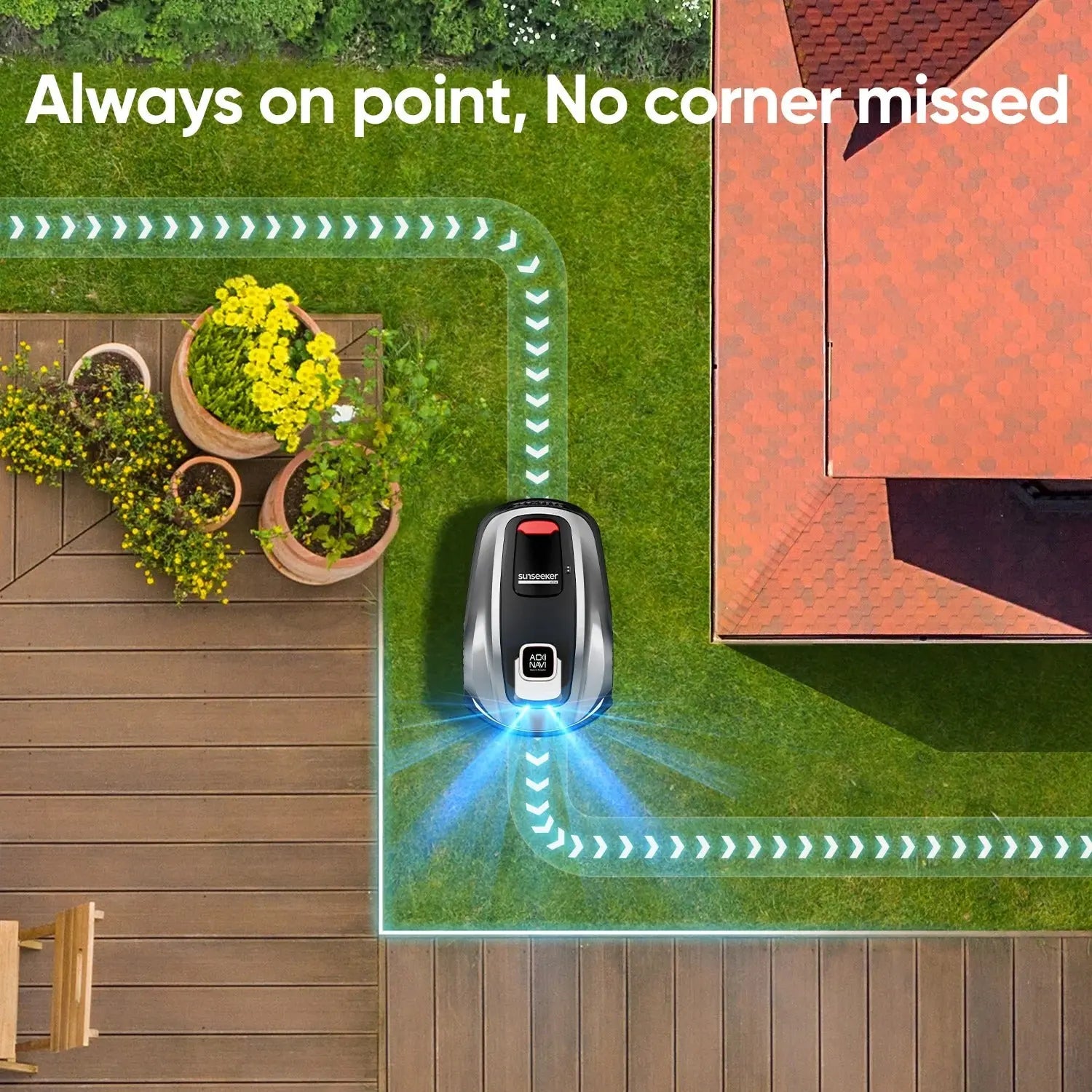 Robot lawn mower in action on a grassy area with text 'Always on point, No corner missed'.