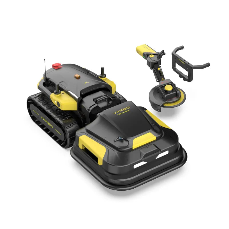 Robotic lawn mower with yellow accents on a white background