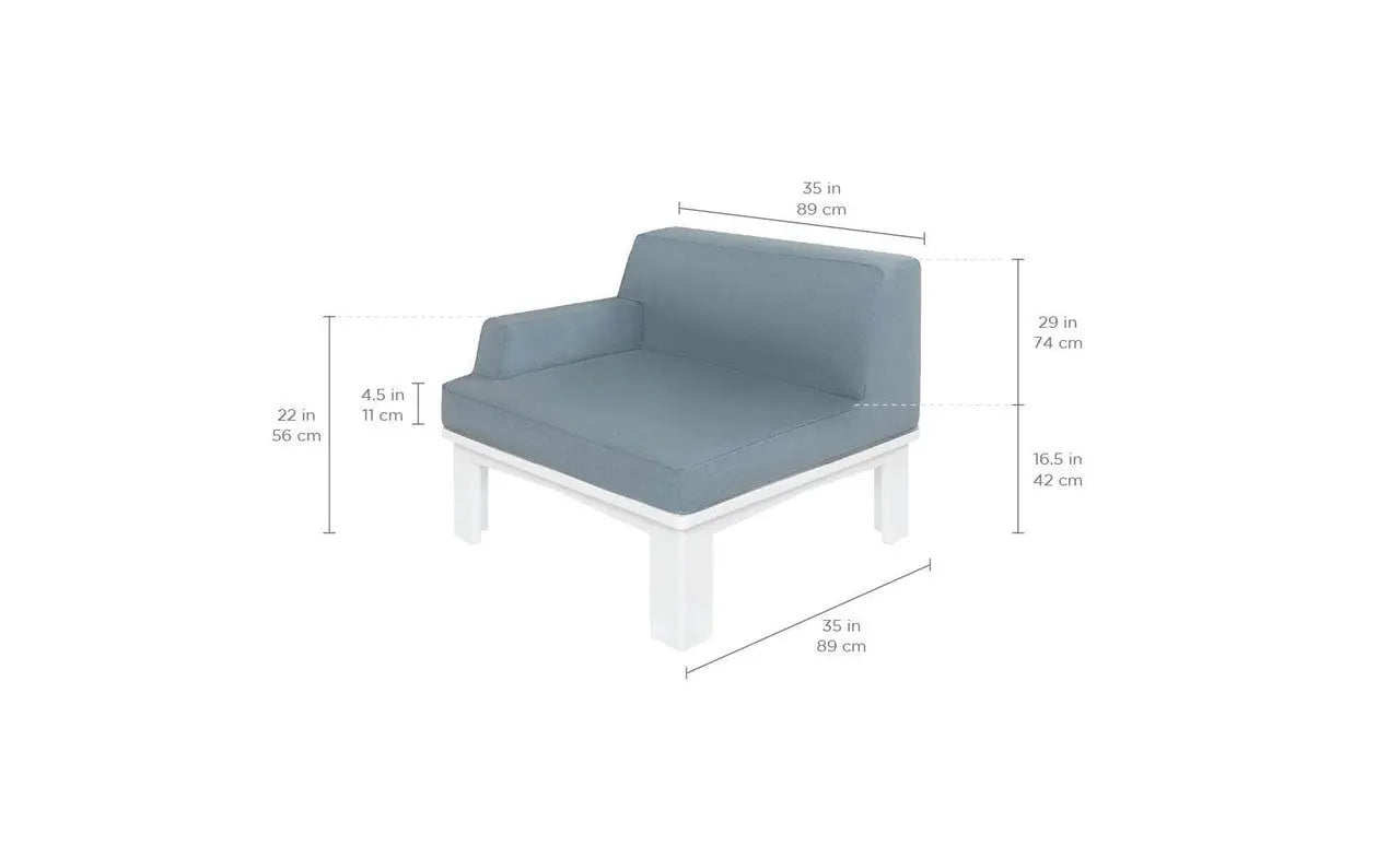 Mainstay sectional right armchair in beige fabric with wooden legs and curved backrest.