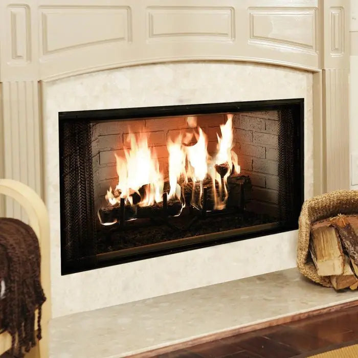 Majestic Royalton 42-inch radiant wood burning fireplace with glass front and iron detailing.