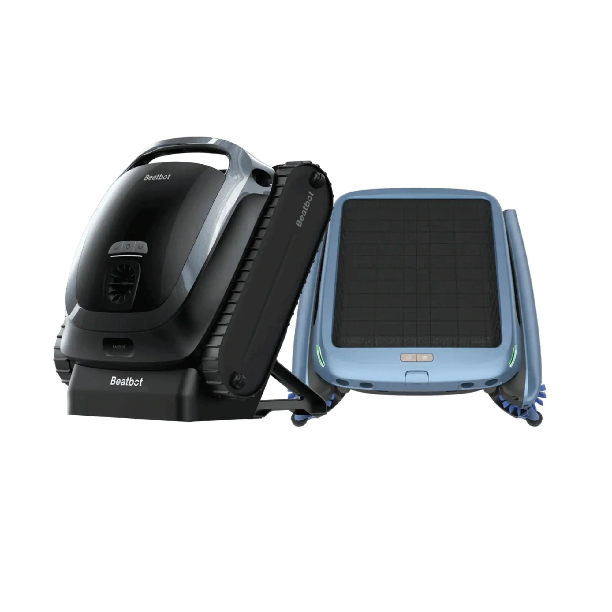 Beatbot robotic pool cleaner with solar charging dock station angle view on black background