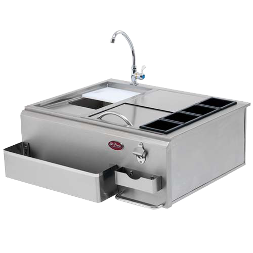 Stainless steel Cal Flame Bar Center 30 inch with drink preparation area and storage compartments