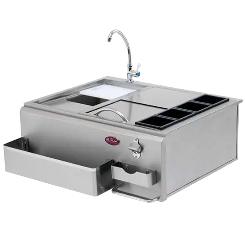 Stainless steel Cal Flame Bar Center 30 inch with drink preparation area and storage compartments