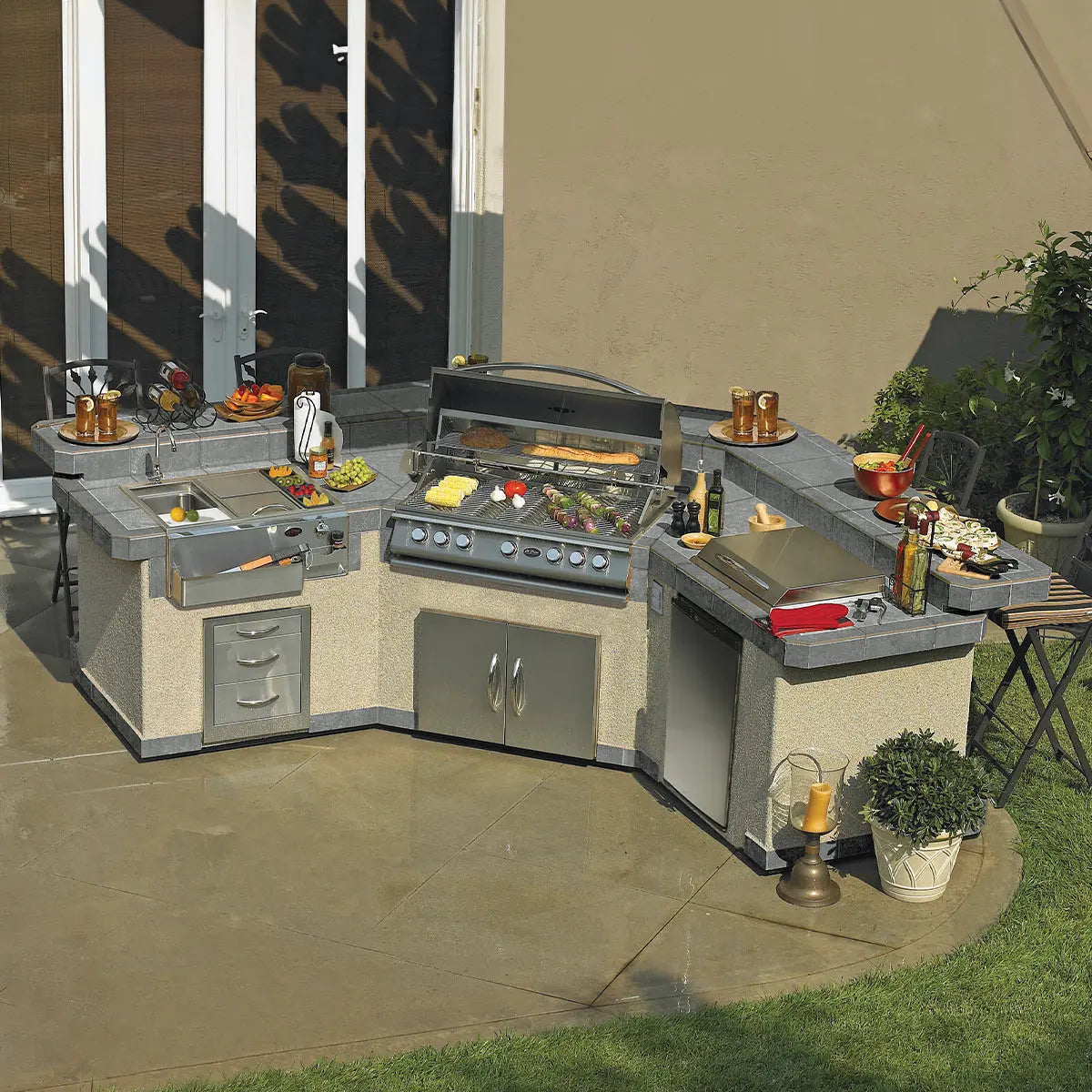 Cal Flame Laguna Q Platinum Series BBQ Island with P4 Grill Bundle | Model: GPV-3100 | AQVINA World - Aqvina LLC