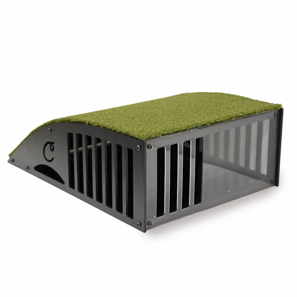 Carl's Place floor mounted projector enclosure protecting golf simulator equipment from golf swings