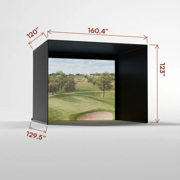 Black box with a golf course image and dimensions on a white background