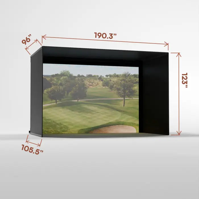 Golf simulator screen with dimensions on a white background