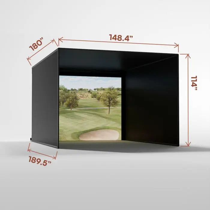 Golf simulator screen with dimensions on a white background