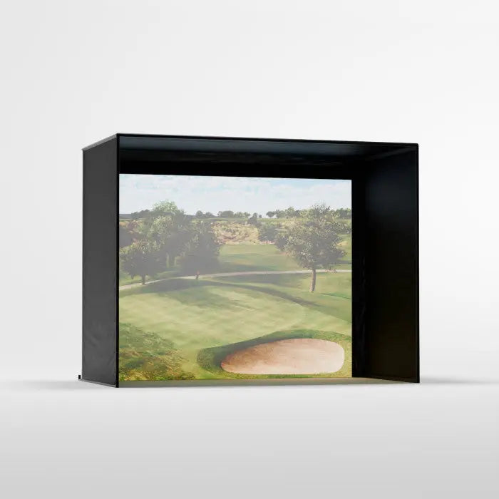 Golf simulator screen with a golf course view on a white background