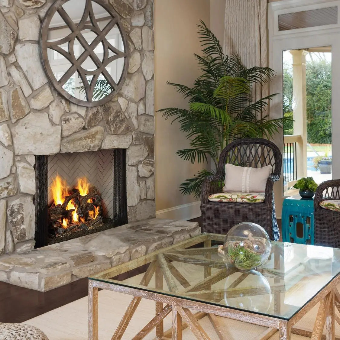 Majestic Ashland 36-inch wood burning fireplace with detailed carvings and glass front