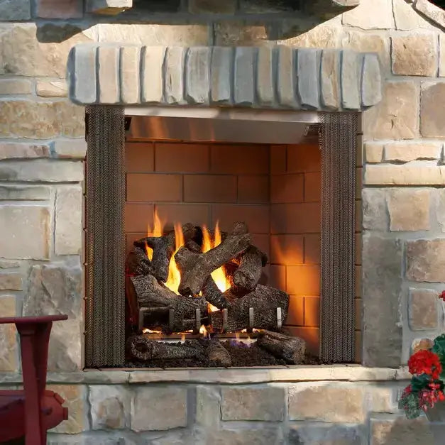 Majestic Castlewood 42-inch outdoor wood fireplace with stone façade and glass doors