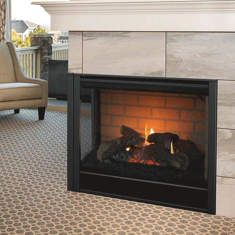 Majestic 36-inch corner direct vent gas fireplace with curved corners and glass front.
