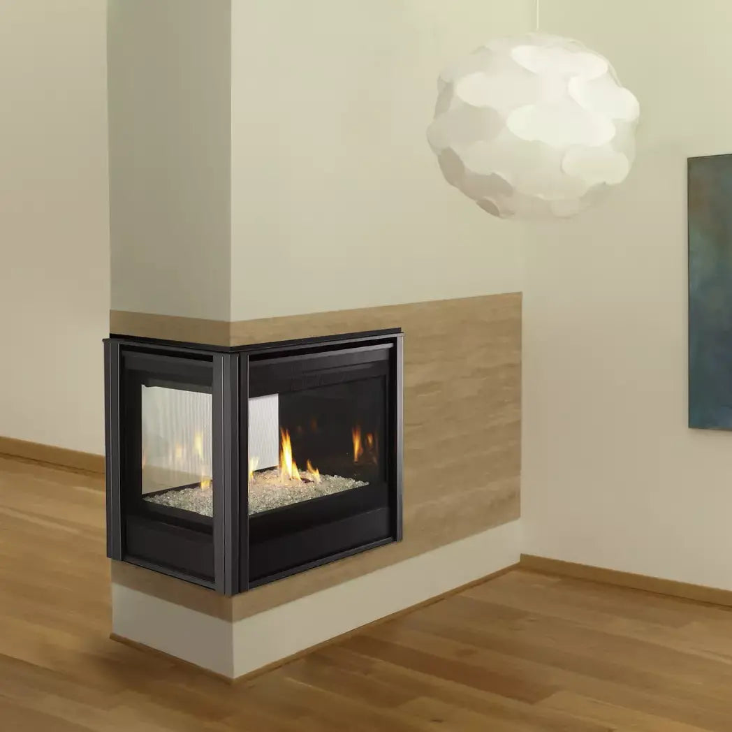Majestic Pier 36-inch direct vent multi-sided gas fireplace with sleek black frame and glass front.