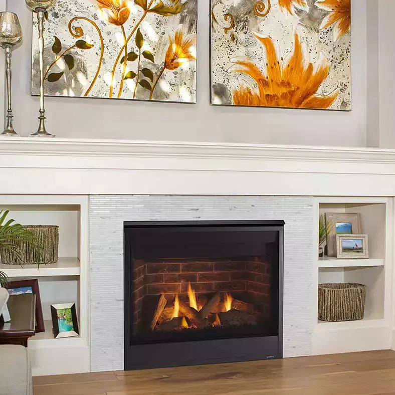 Majestic Quartz 32-inch direct vent gas fireplace with sleek quartz face and modern design elements.