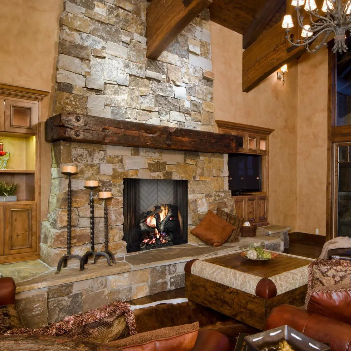 Majestic Ashland 50" wood burning fireplace with stone surround and glass doors