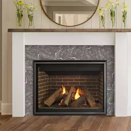 Majestic Meridian 42" direct vent gas fireplace with sleek glass front and metal framework.