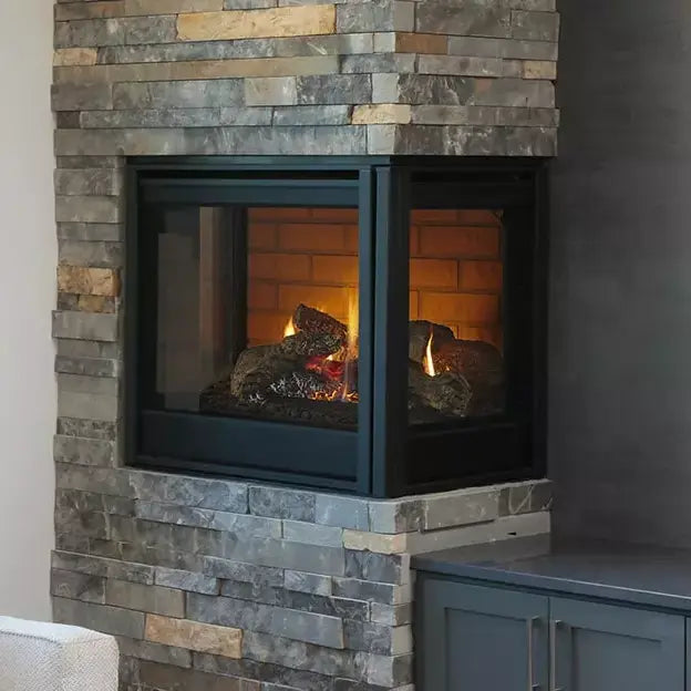 Majestic 36-inch corner direct vent gas fireplace with sleek black frame and glass front.