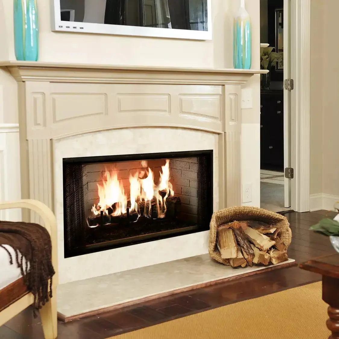 Majestic Royalton 42-inch radiant wood burning fireplace with glass front and iron detailing