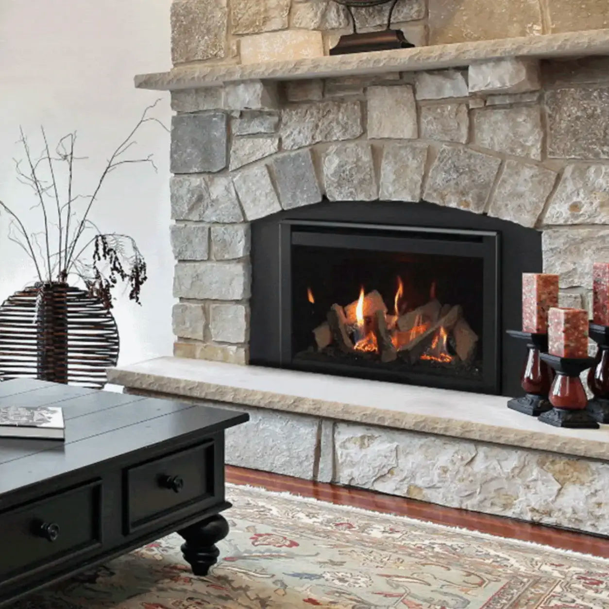 Majestic Ruby large direct vent gas fireplace insert in rich ruby red finish with 35" width