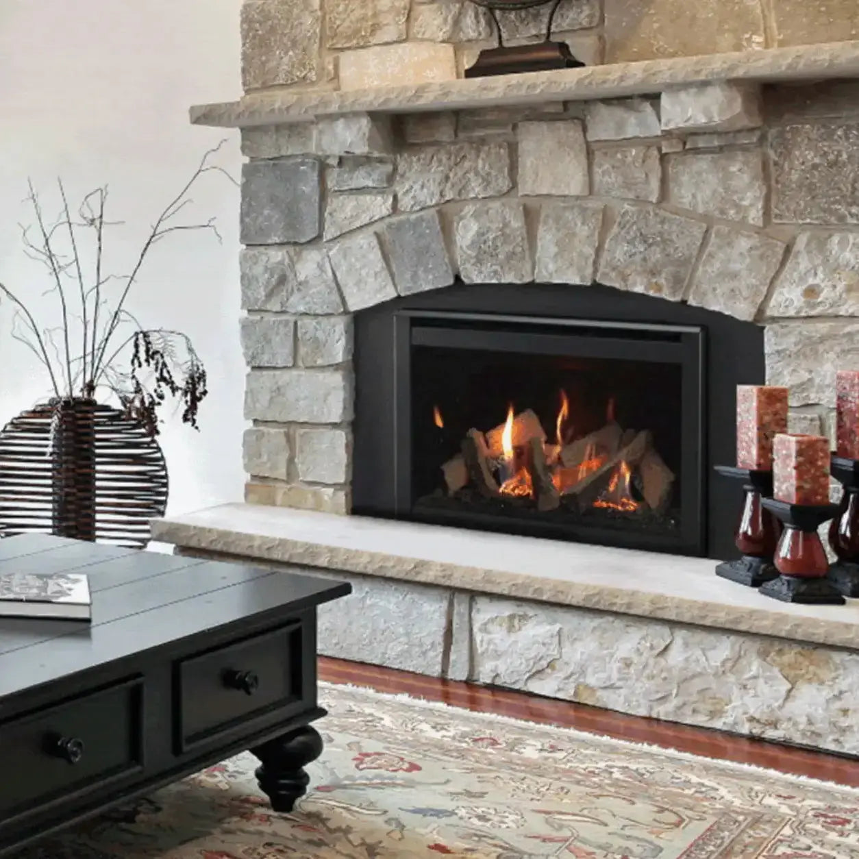 Majestic Ruby small direct vent gas fireplace insert in ruby red finish with 25" width