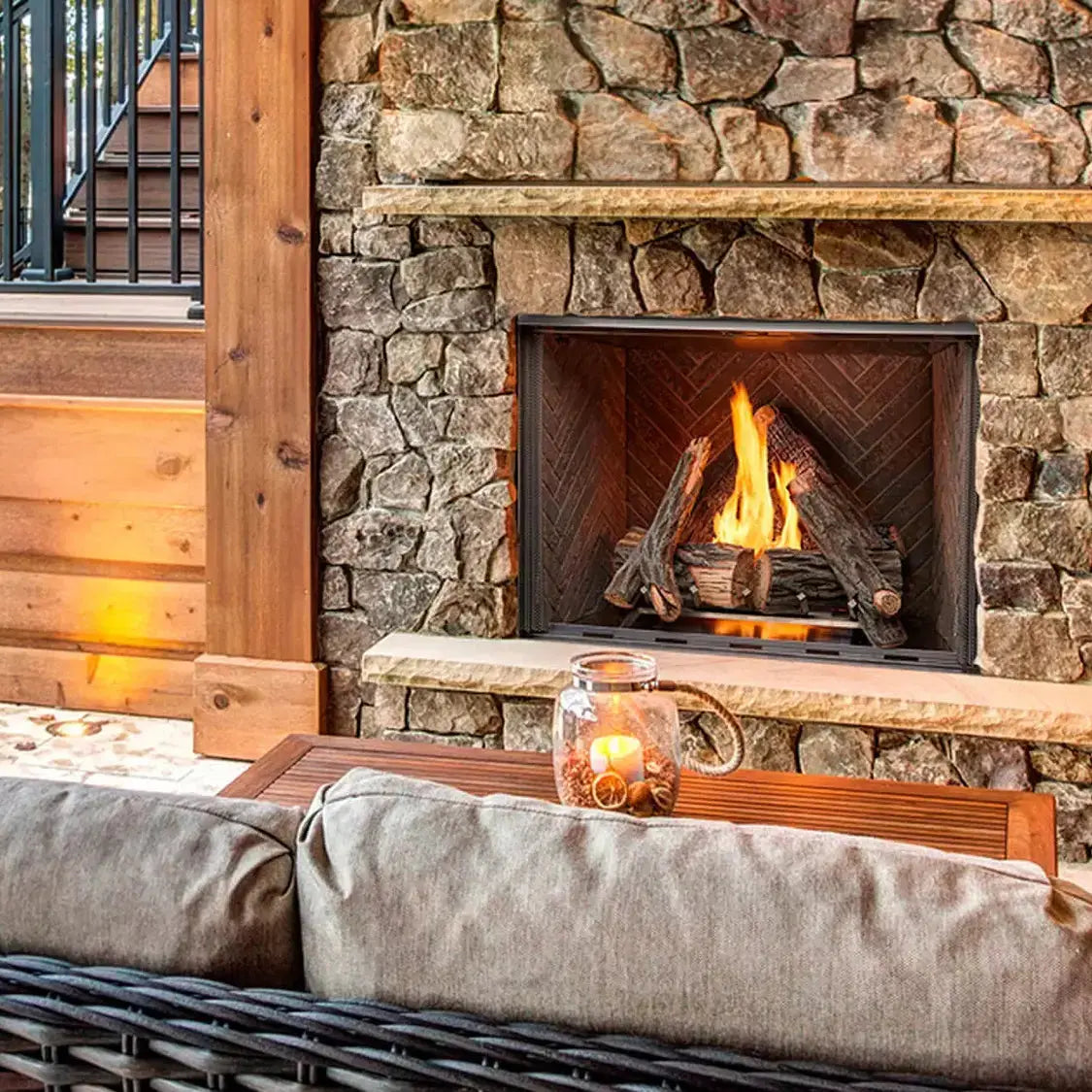 Majestic Courtyard 42" outdoor gas fireplace with modern stone finish and glass front