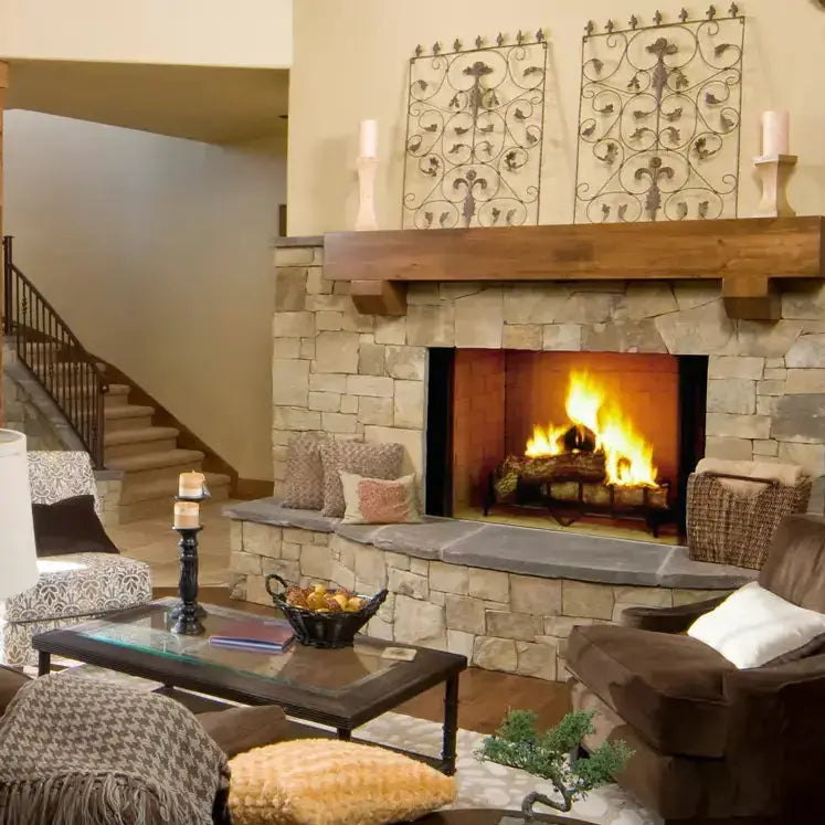 Majestic Biltmore 36-inch radiant wood burning fireplace with glass doors and stone surround