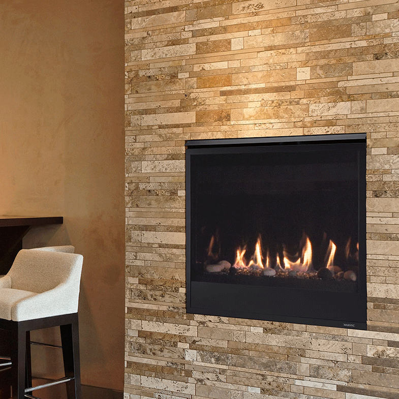 Majestic Quartz 42-inch direct vent gas fireplace with modern quartz front and glass doors.