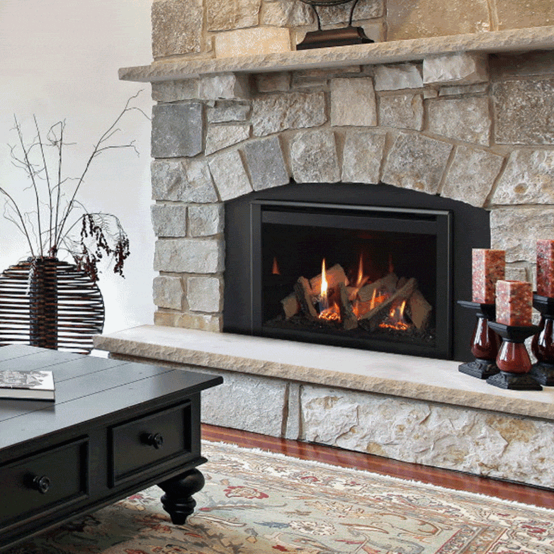 Majestic Ruby small direct vent gas fireplace insert in ruby red with glass front and controls panel.