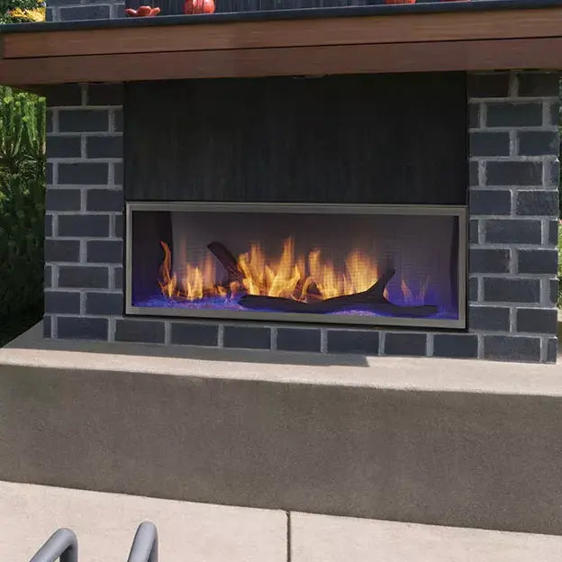 Majestic Lanai 48" outdoor linear gas fireplace with modern stainless steel front and glass panel.