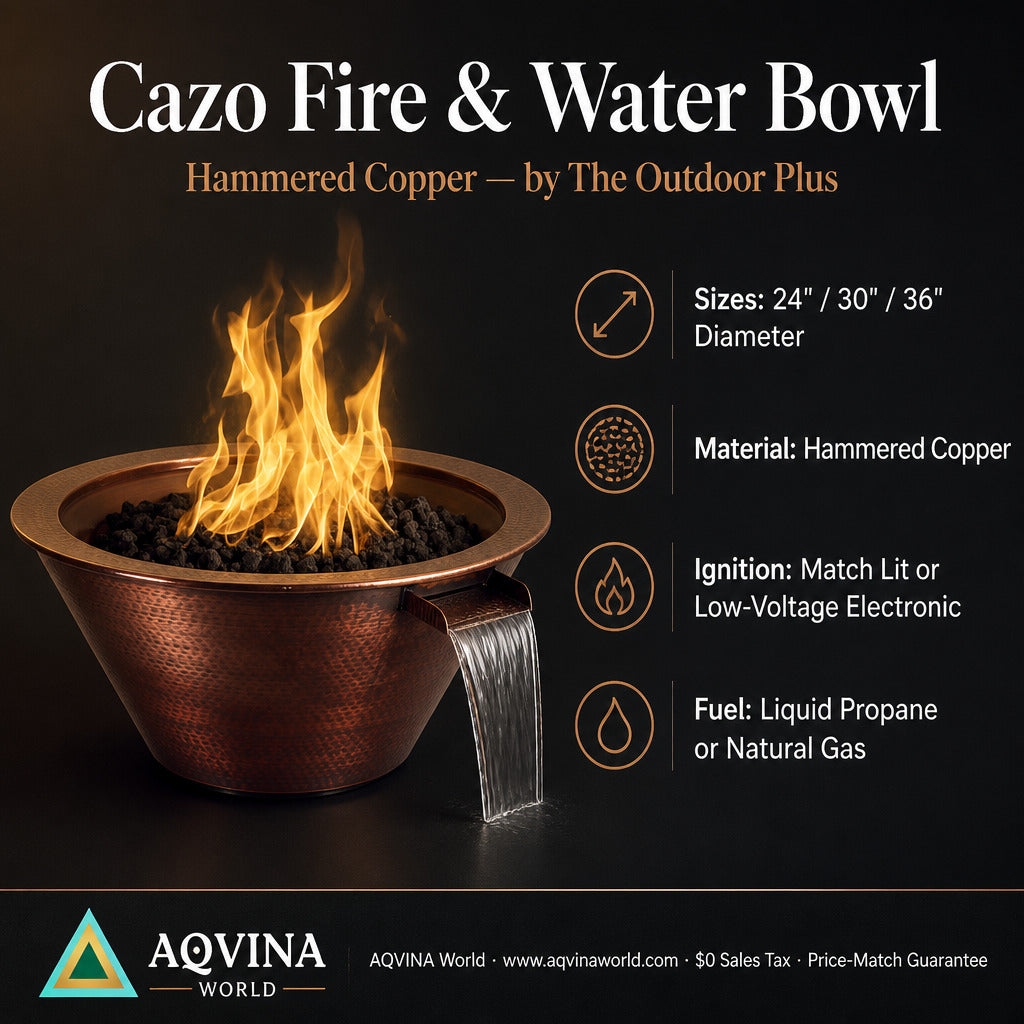 Cazo Fire & Water Bowl hammered copper outdoor fire pit with flowing water spout, shown lit with orange flames on a black background. Text on the right lists sizes, hammered copper material, ignition options, and fuel type.