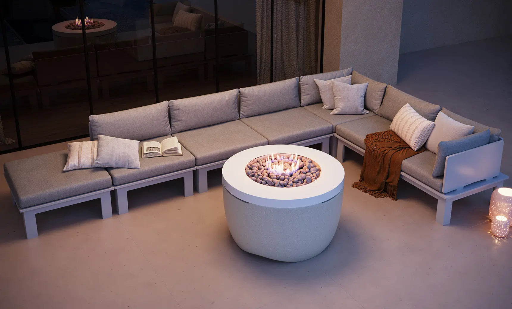 Halo firepit with gray stone surround and blue flame feature