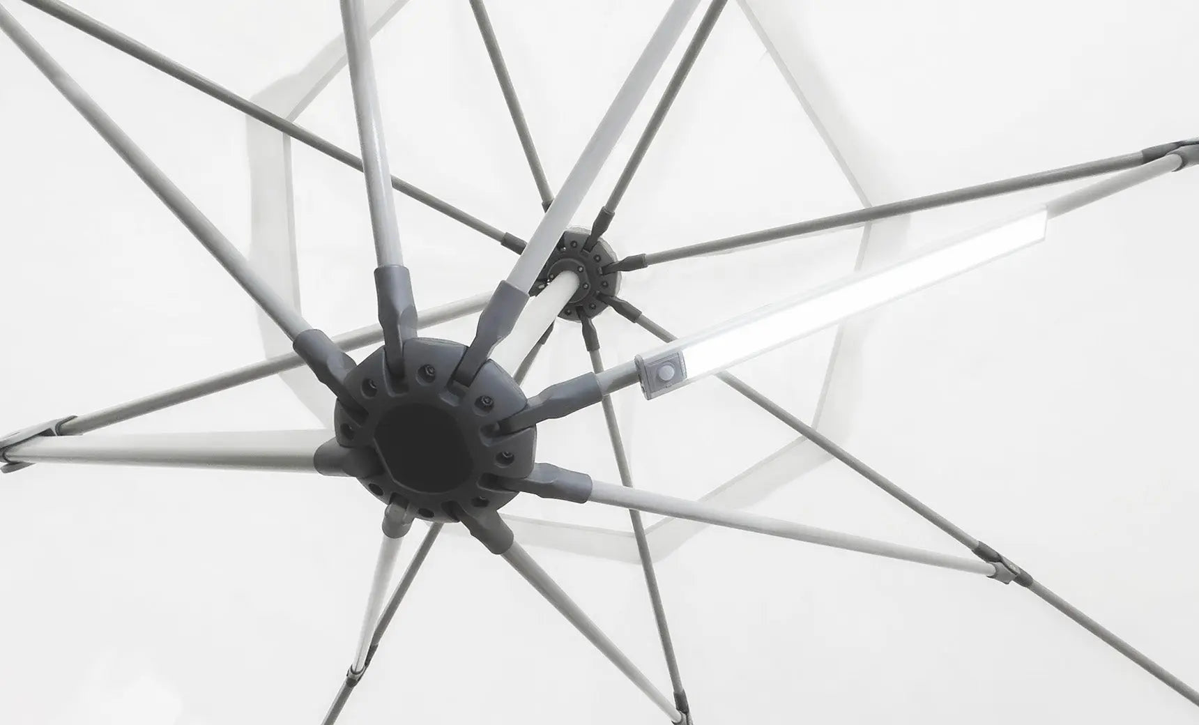 Umbrella light with a white canopy and LED lights around the edge.