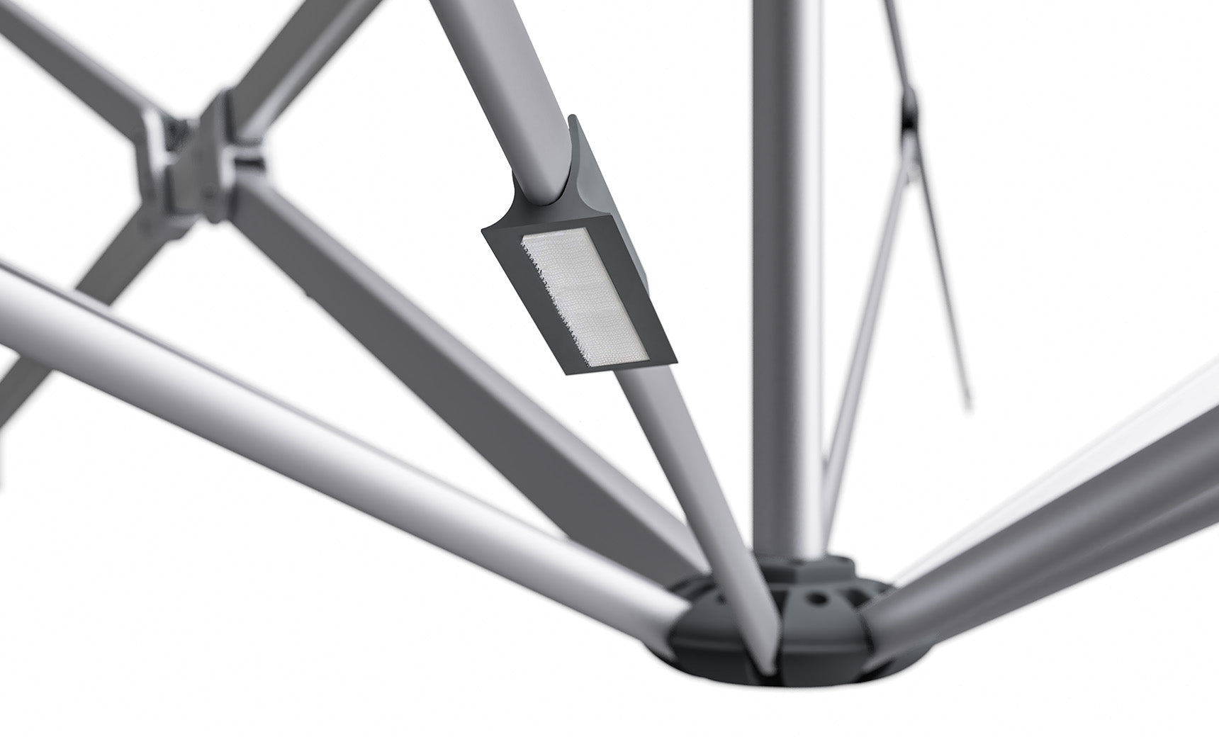 Umbrella light with a white canopy and LED lights around the edge.