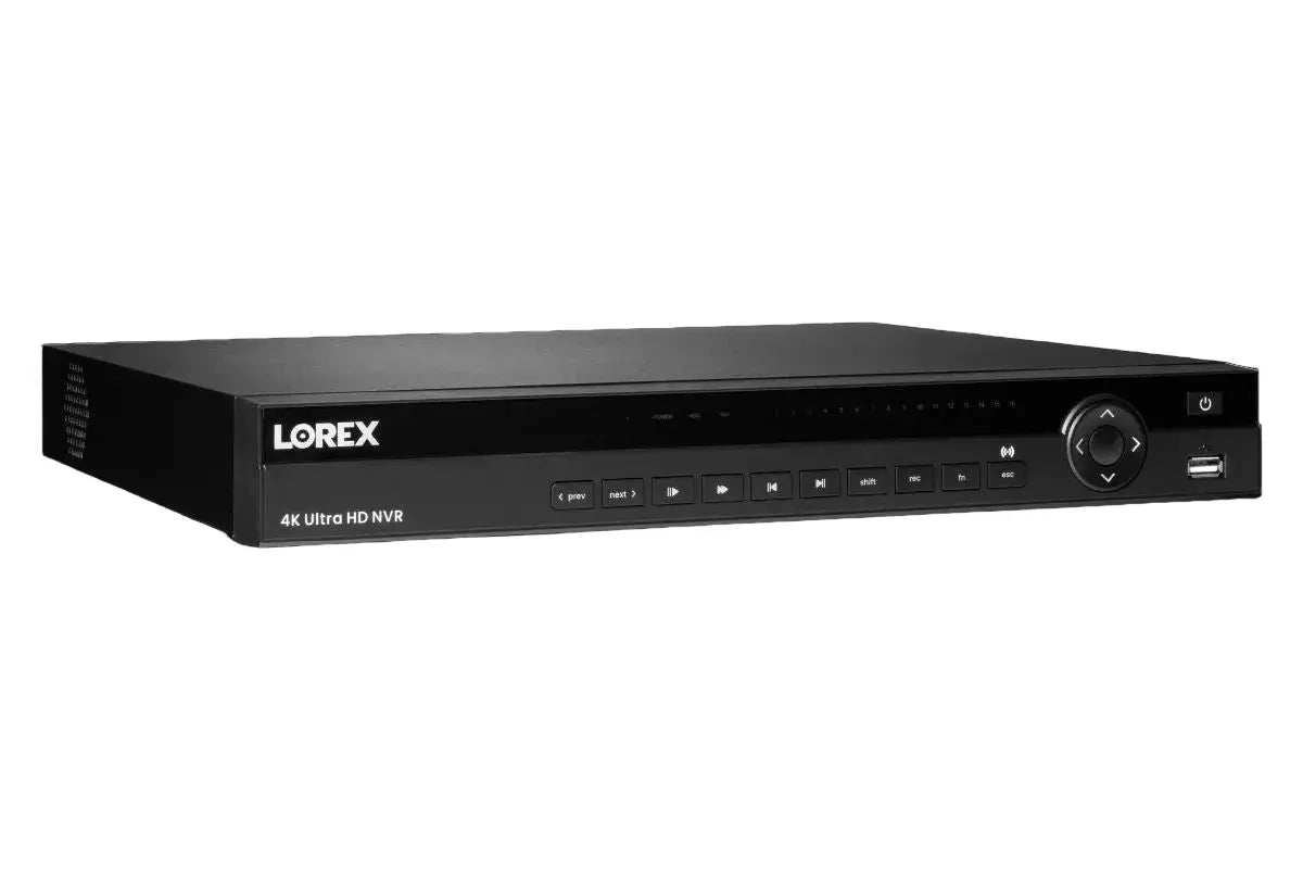 Lorex 4K Ultra HD NVR security recorder angled front view with control buttons