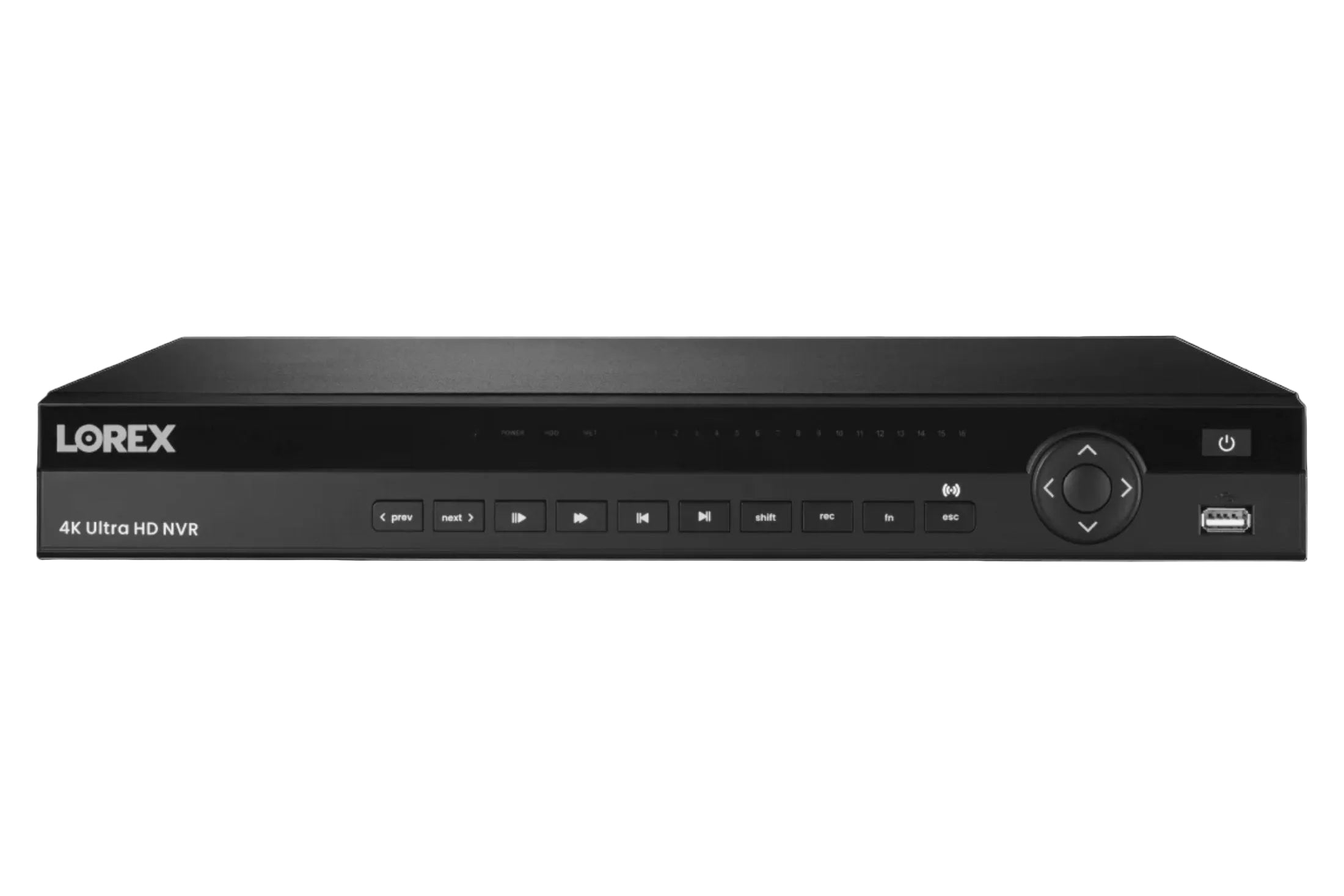 Lorex 4K Ultra HD NVR security recorder front view with control buttons and USB port
