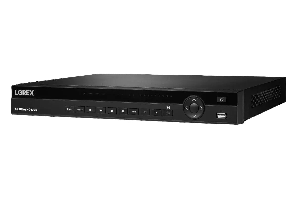 Lorex 4K Ultra HD NVR security recorder front view with control buttons and power indicator