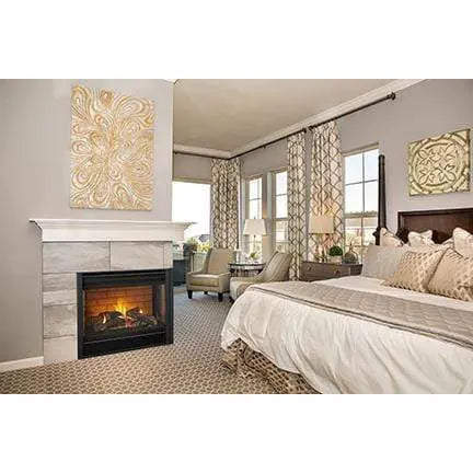Majestic 36" corner direct vent gas fireplace with curved corners and glass front.