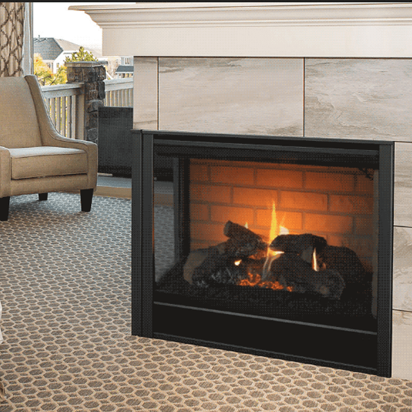 Majestic 36" corner direct vent gas fireplace with curved corners and glass front.