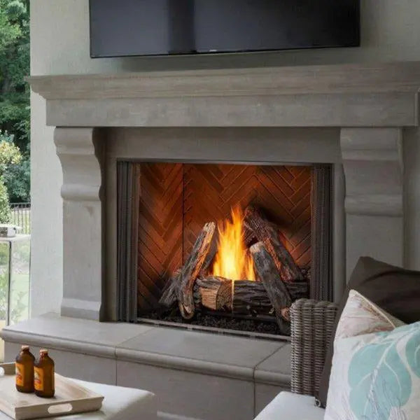 Majestic Courtyard 36" outdoor gas fireplace with modern stone finish and glass front panel.