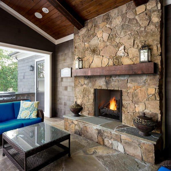 Majestic Courtyard 42" outdoor gas fireplace with modern design and glass front panel.