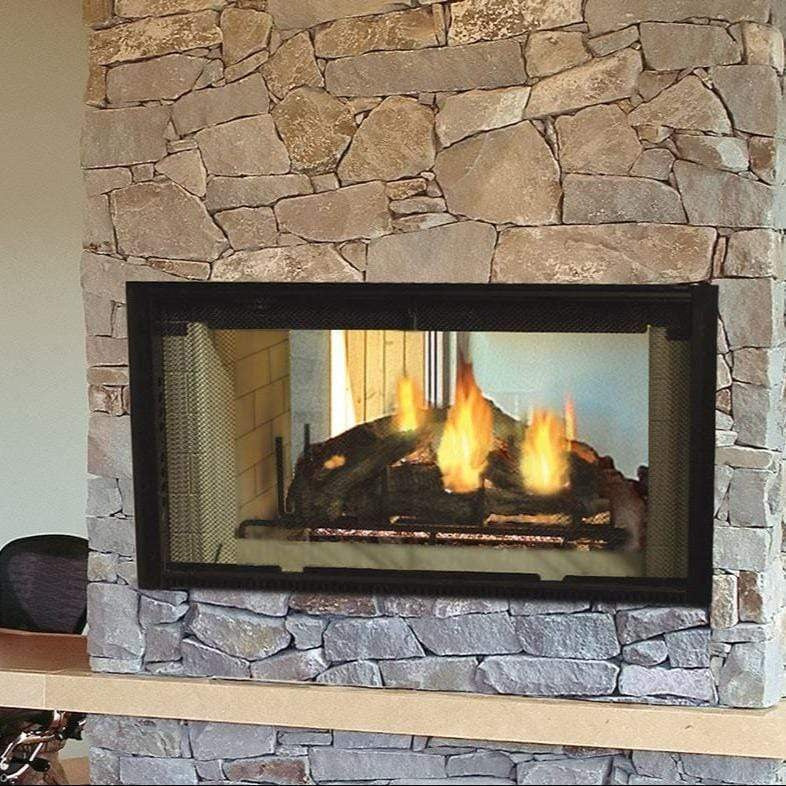Majestic Designer See-Through 42" radiant wood burning fireplace with glass front and detailed wood design